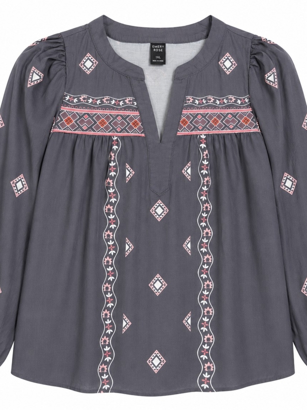 Emery Rose Charcoal Gray Blouse with Pink Accents